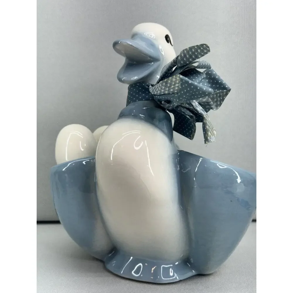 Vintage Ceramic Duck Napkin Holder Egg Salt Pepper Shakers Blue White READ